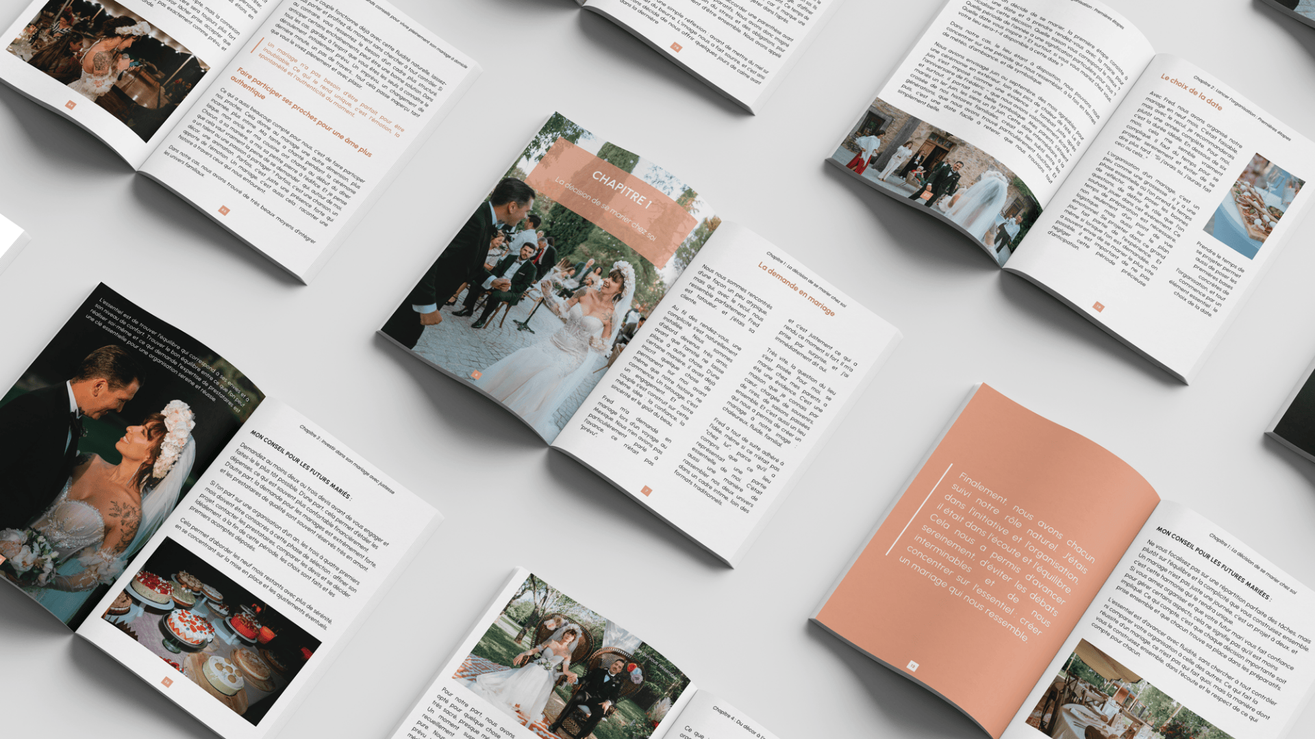 Extraits du guide "Les Conseils de Nina" montrant plusieurs pages de conseils et astuces pour organiser un mariage haut de gamme à domicile.